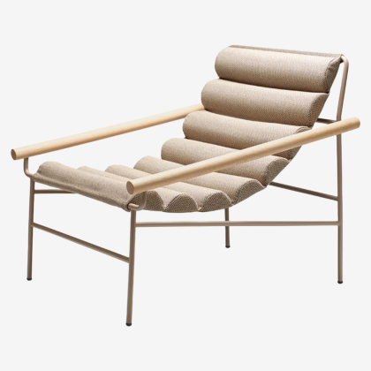 Modern minimalist lounge chair with ribbed beige cushions and a light wood frame